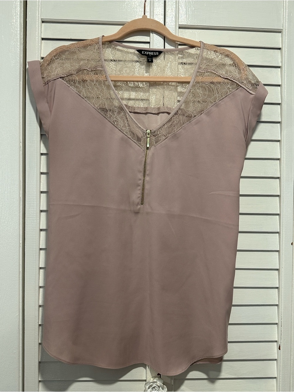 Express Mauve Lace Yoke V-Neck Zip Top